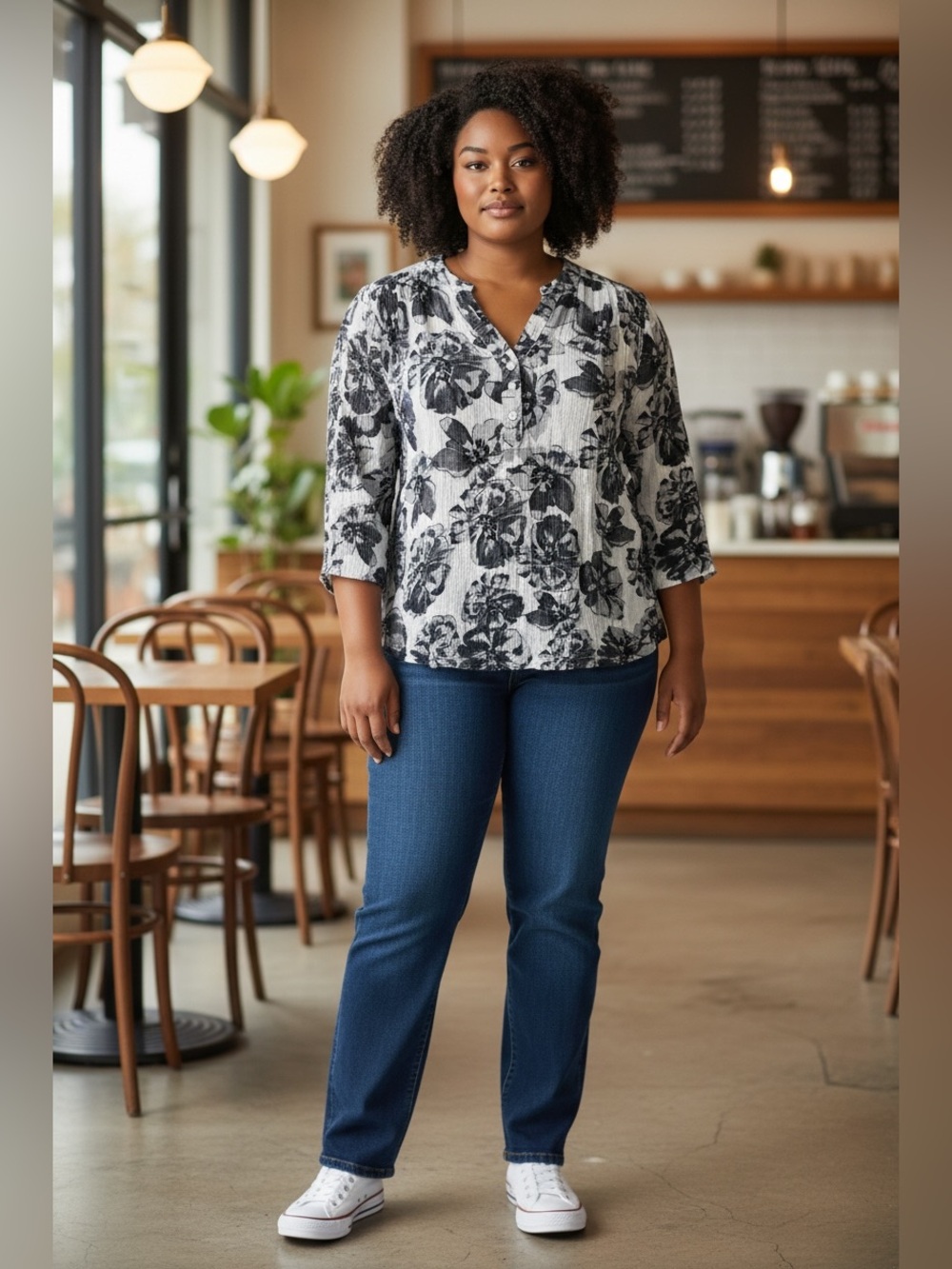 Fun 2 Fun Floral Henley Tunic Top - Black & White 1X